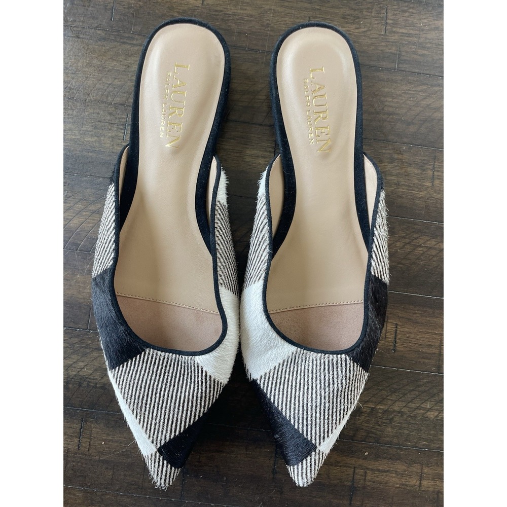 New Lauren Ralph Lauren Londyn Checkered Coe Leather Flat Mule Slides Size 6B